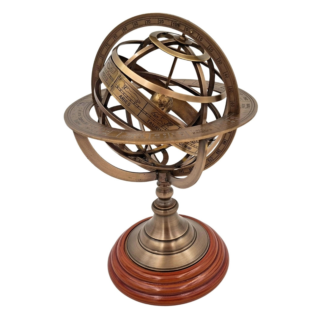 Astrolabe sphérique en laiton sur socle en bois 28 cm avec possibilité de personnalisation par gravure