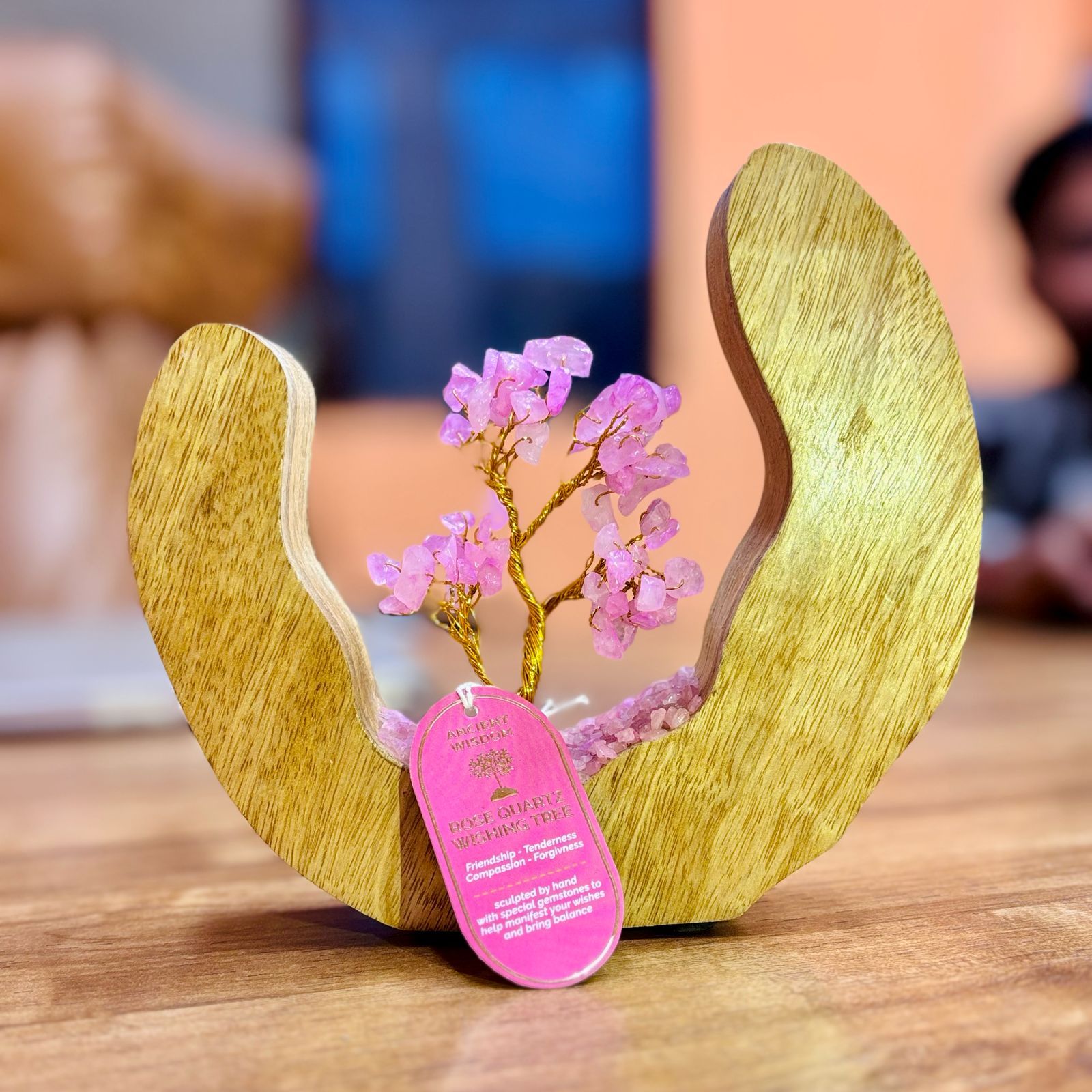 Jardin Énergétique en Quartz Rose dans Demi-Cercle en Bois de Manguier