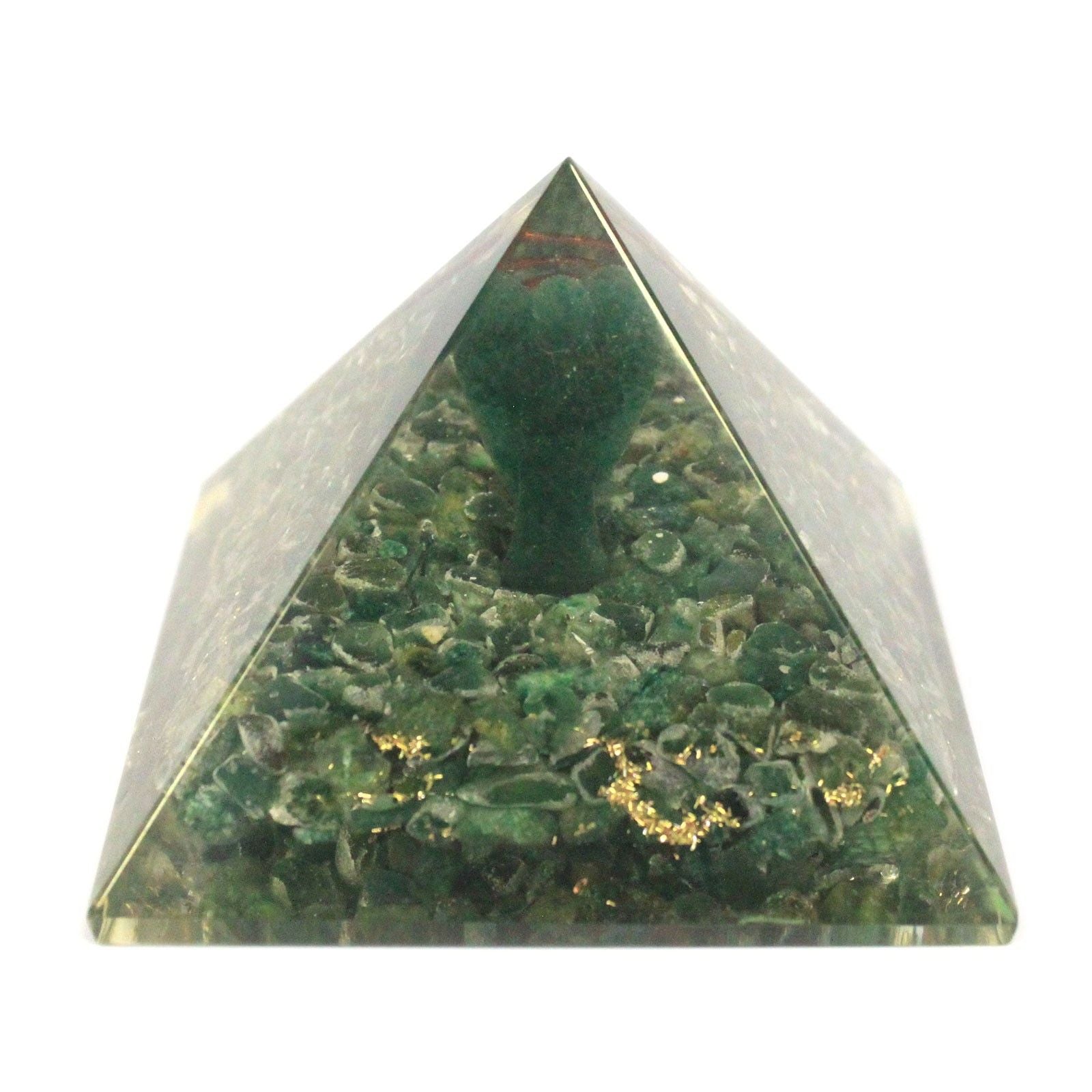 Piramide Magica Orgonite 70 mm - Angelo con Oggetti Esoterici, Interno Verdastro e Finitura a Mano