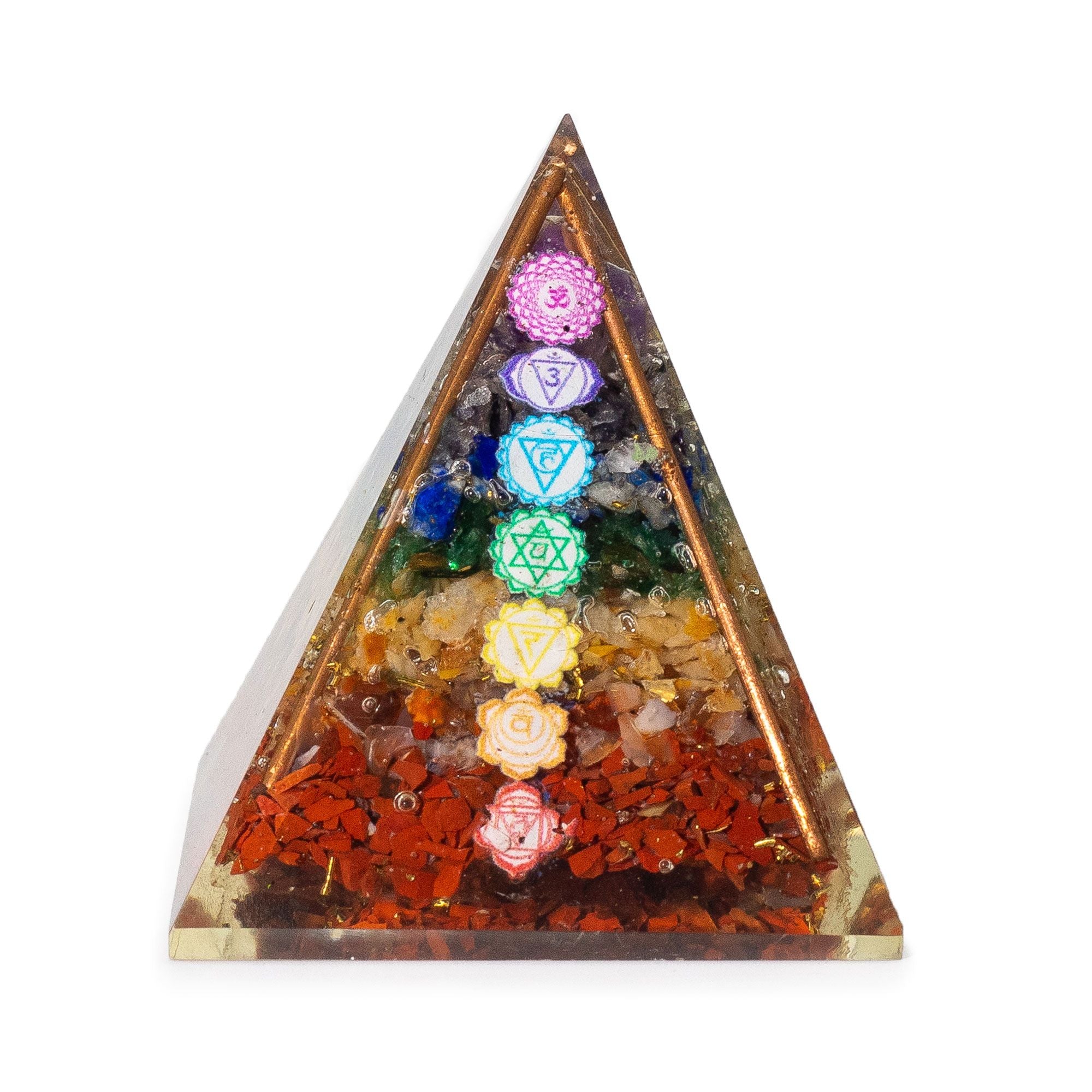 Mittlere Orgonit-Pyramide 7x6 cm mit Kupferstäben und 7 Chakra-Steinen - Mehrfarbiges Element für energetische Harmonie als Geschenk