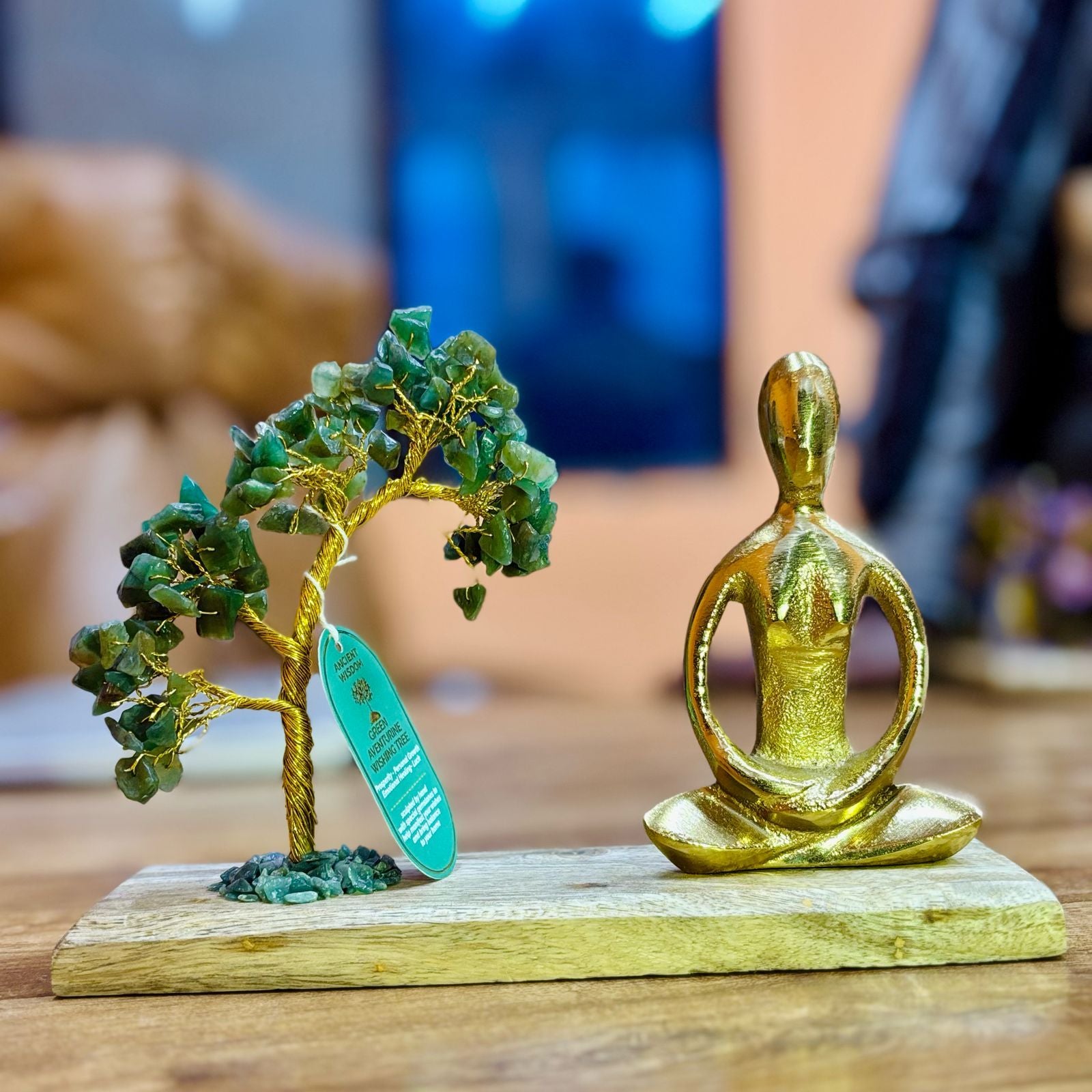 Gemstone Yoga Gardens - Padmasana Pose with Green Aventurine - Handmade Tree with 100 Stones - Elegant Figurine in Golden Tone - Natural Wooden Base