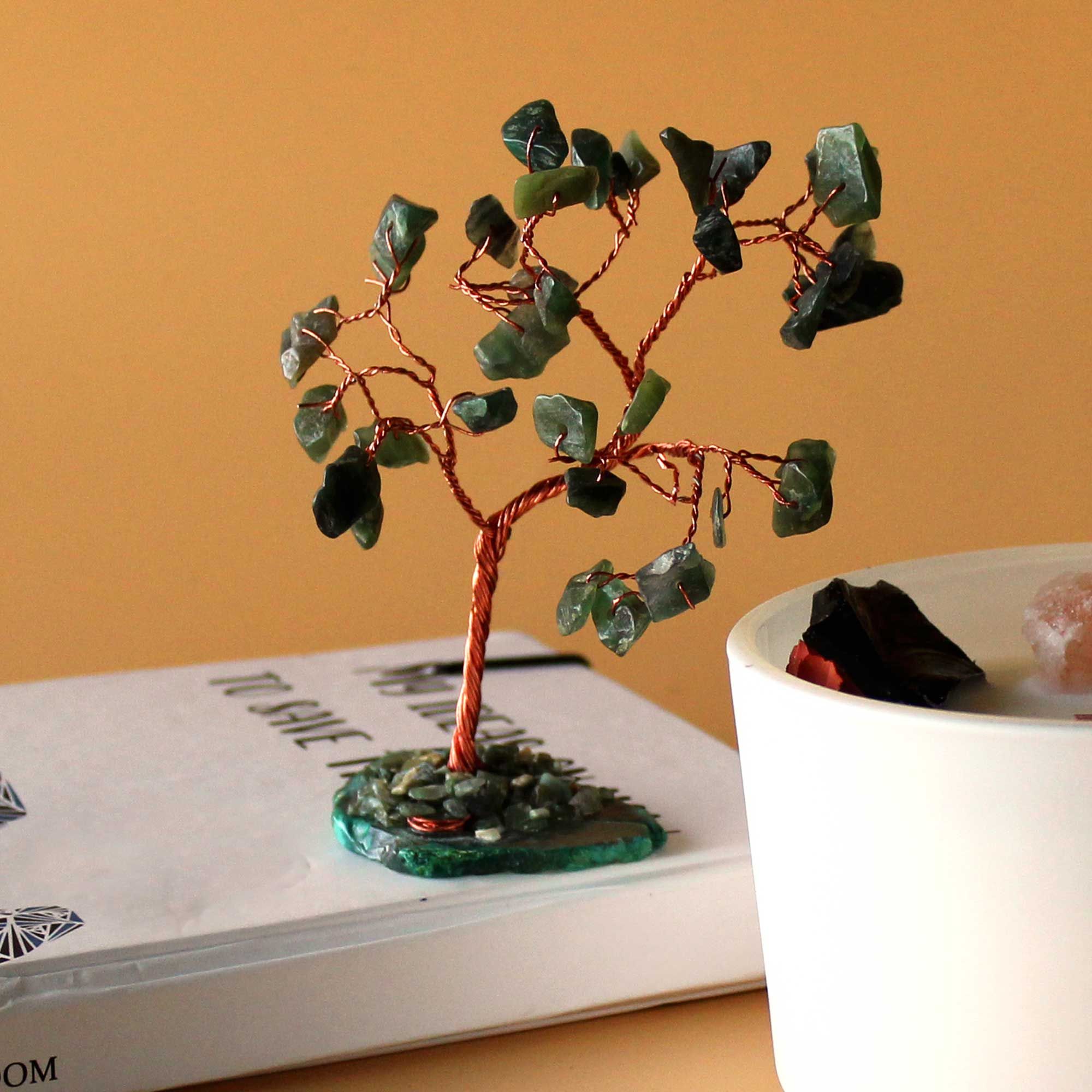 Arbre en Aventurine sur Base d'Agate - Vert, 10 cm, 35 Cristaux
