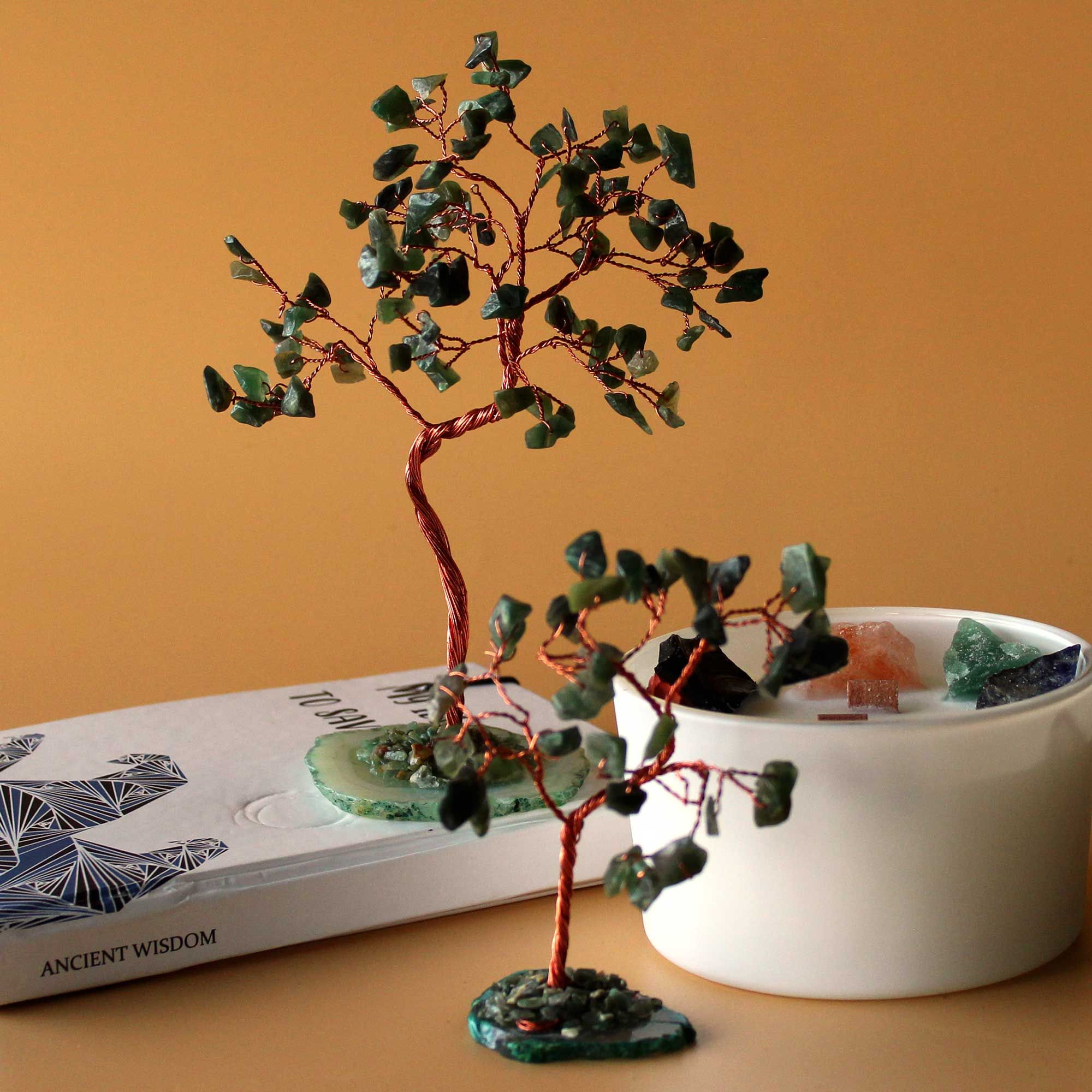 Arbre en Aventurine sur Base d'Agate - Vert, 10 cm, 35 Cristaux