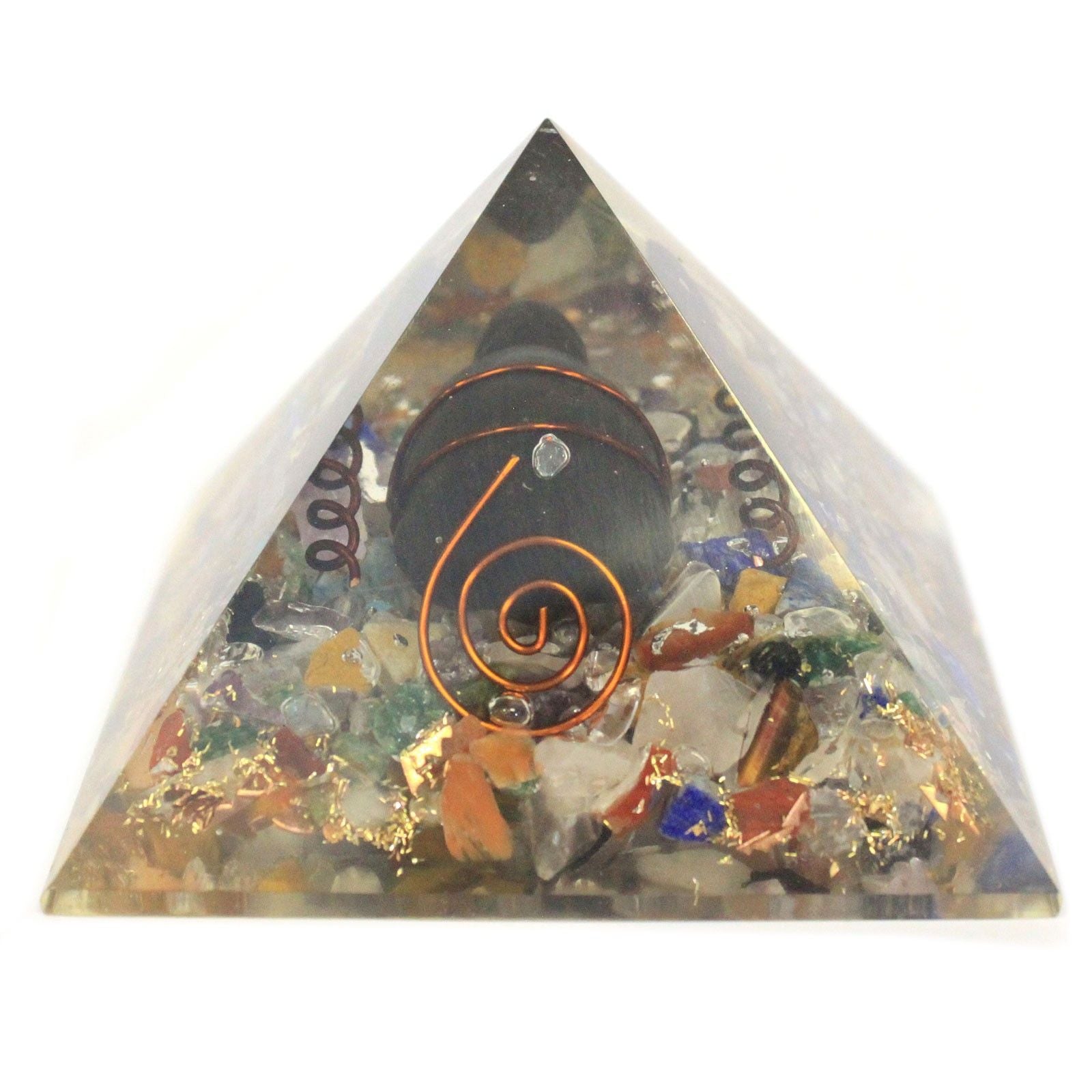 Piramide Orgonite Media 60mm con chips preziosi, rame e tartaruga