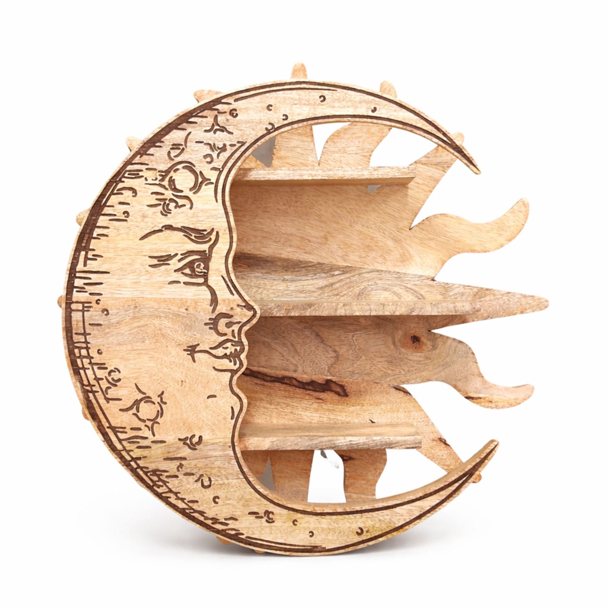 3-Tier Shelf with Sun and Moon Motif from Mango Wood