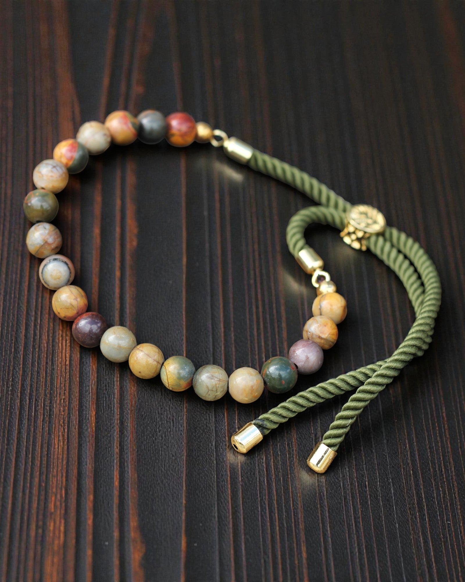 Moss Aura – Bracciale con Iaspe Picasso e Oro 18K su Cordino Verde