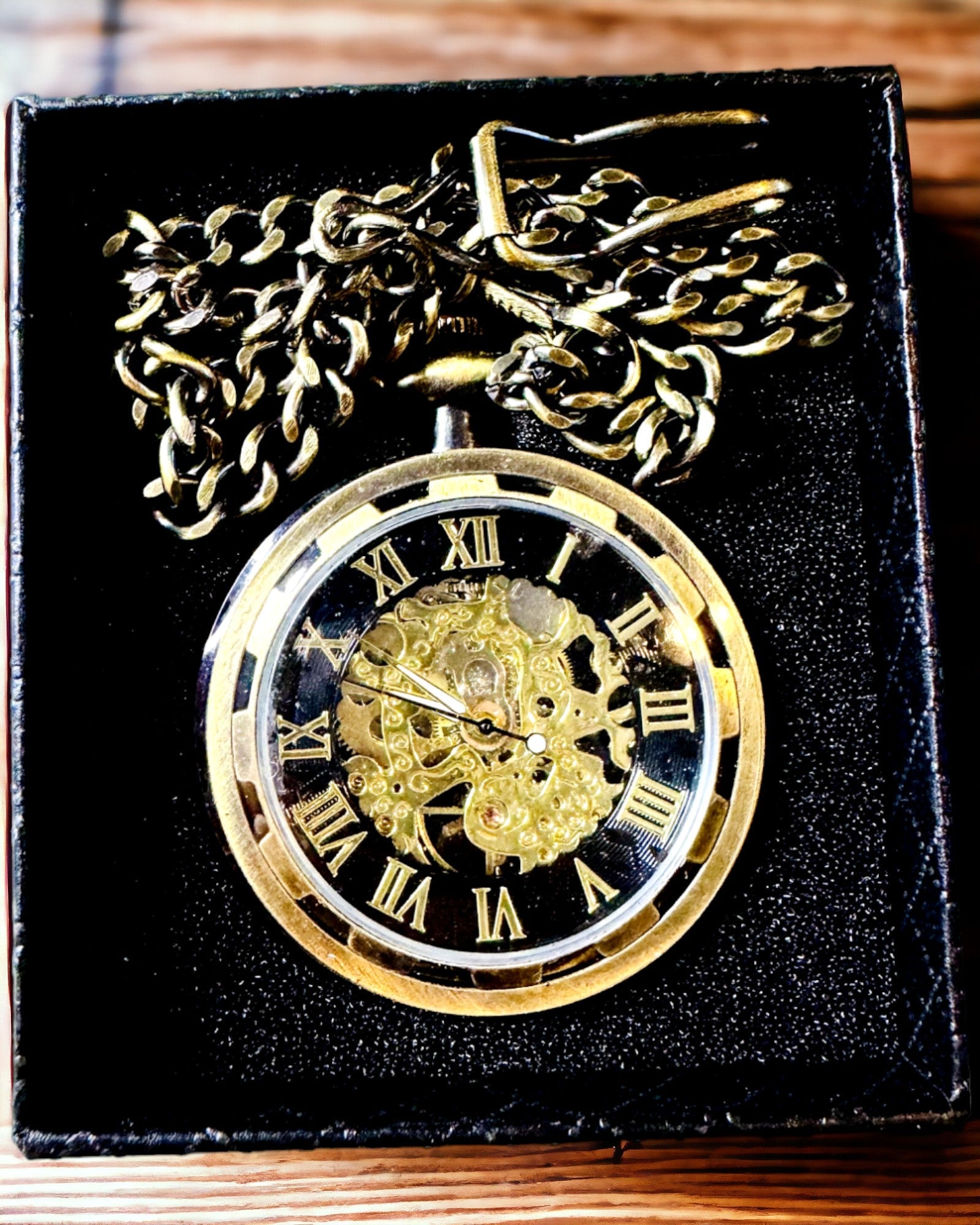 Montre de Poche Rétro – Mécanique, Couleur or brossé avec noir, Luxueuse, Étanche, Semi-automatique, personnalisation avec gravure