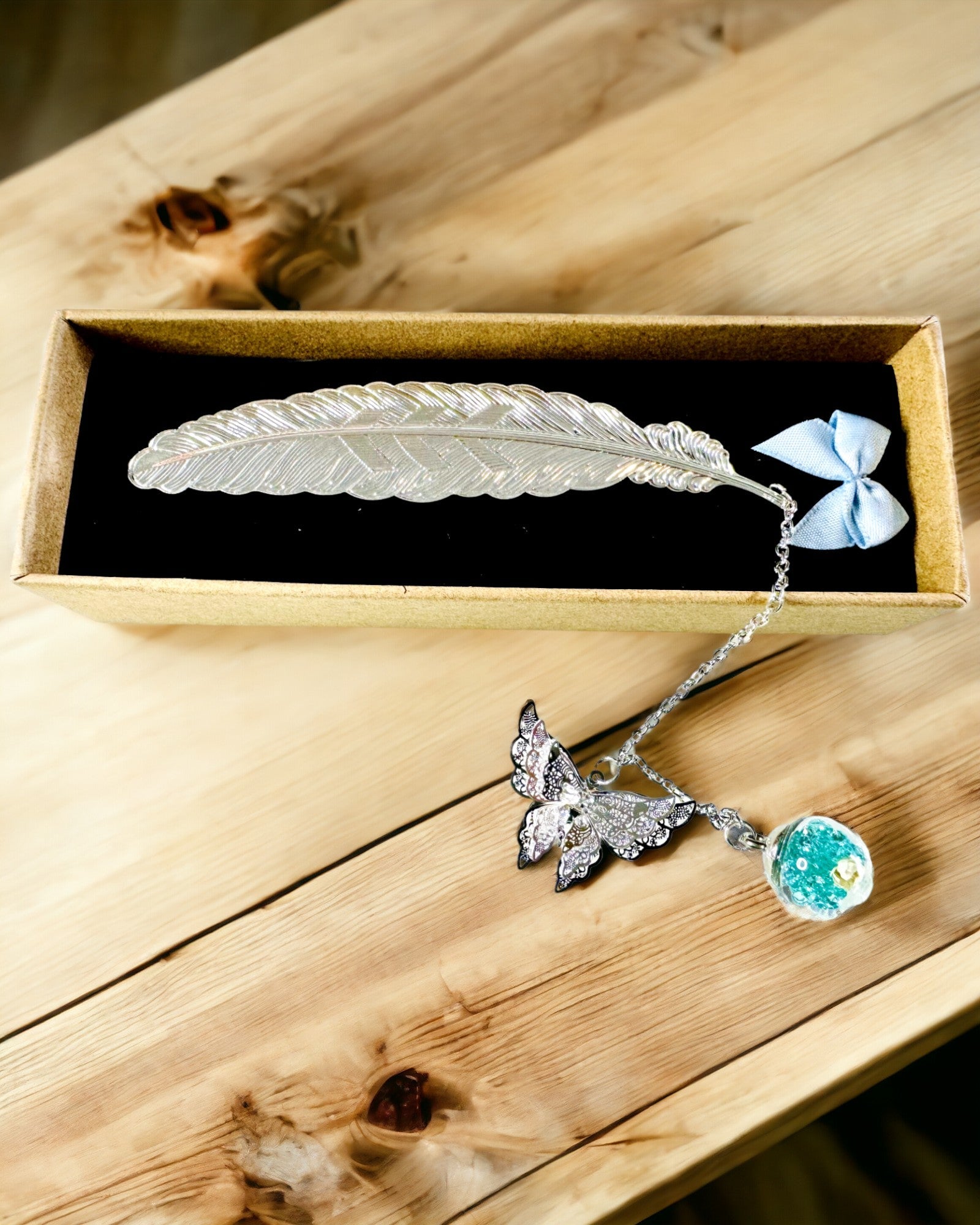 Creative Retro Style Bookmark with Feather and Butterfly Motif – Elegant Promotional Gift, Silver/Blue Color