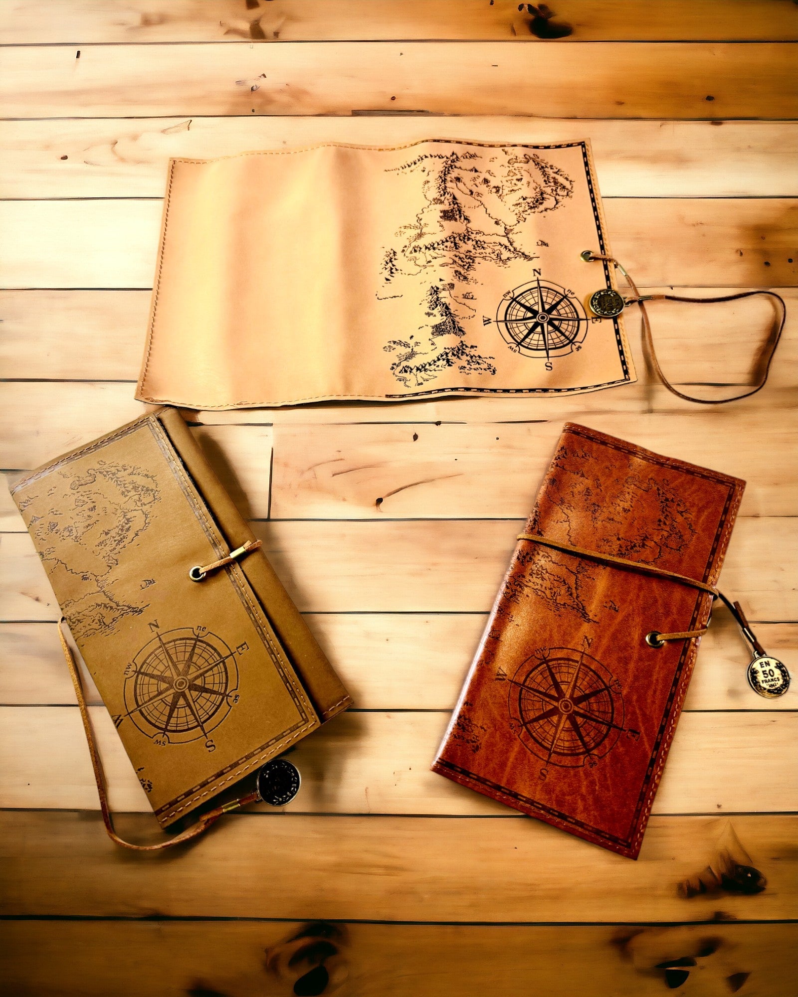 Retro Light Brown - Matte, Leather Traveler Style Pencil Case with World Map – Practical and Spacious. Personalization with Engraving.