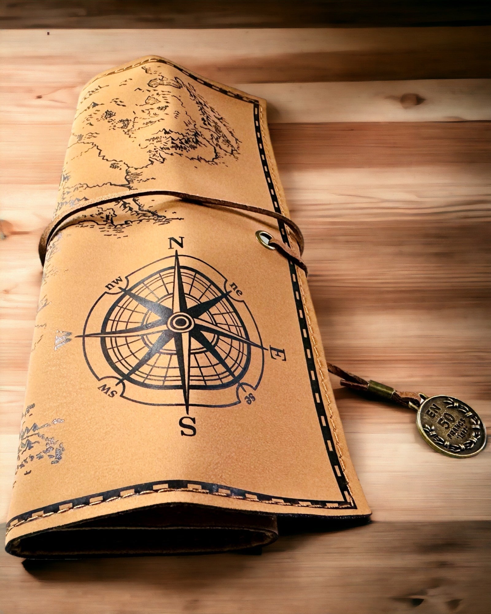 Retro Light Brown - Matte, Leather Traveler Style Pencil Case with World Map – Practical and Spacious. Personalization with Engraving.