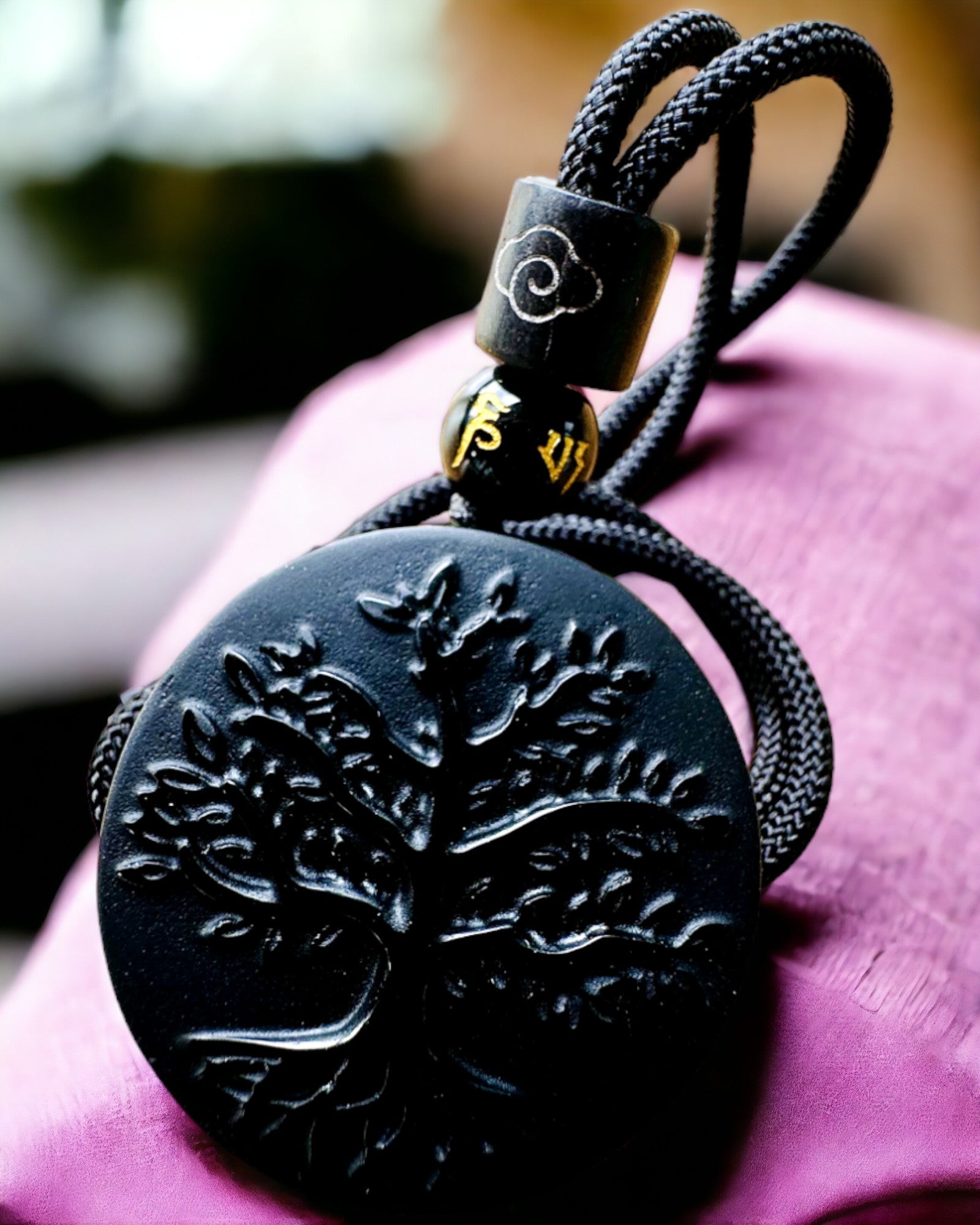 Collier "Arbre de Vie" en Obsidienne - personnalisation avec gravure