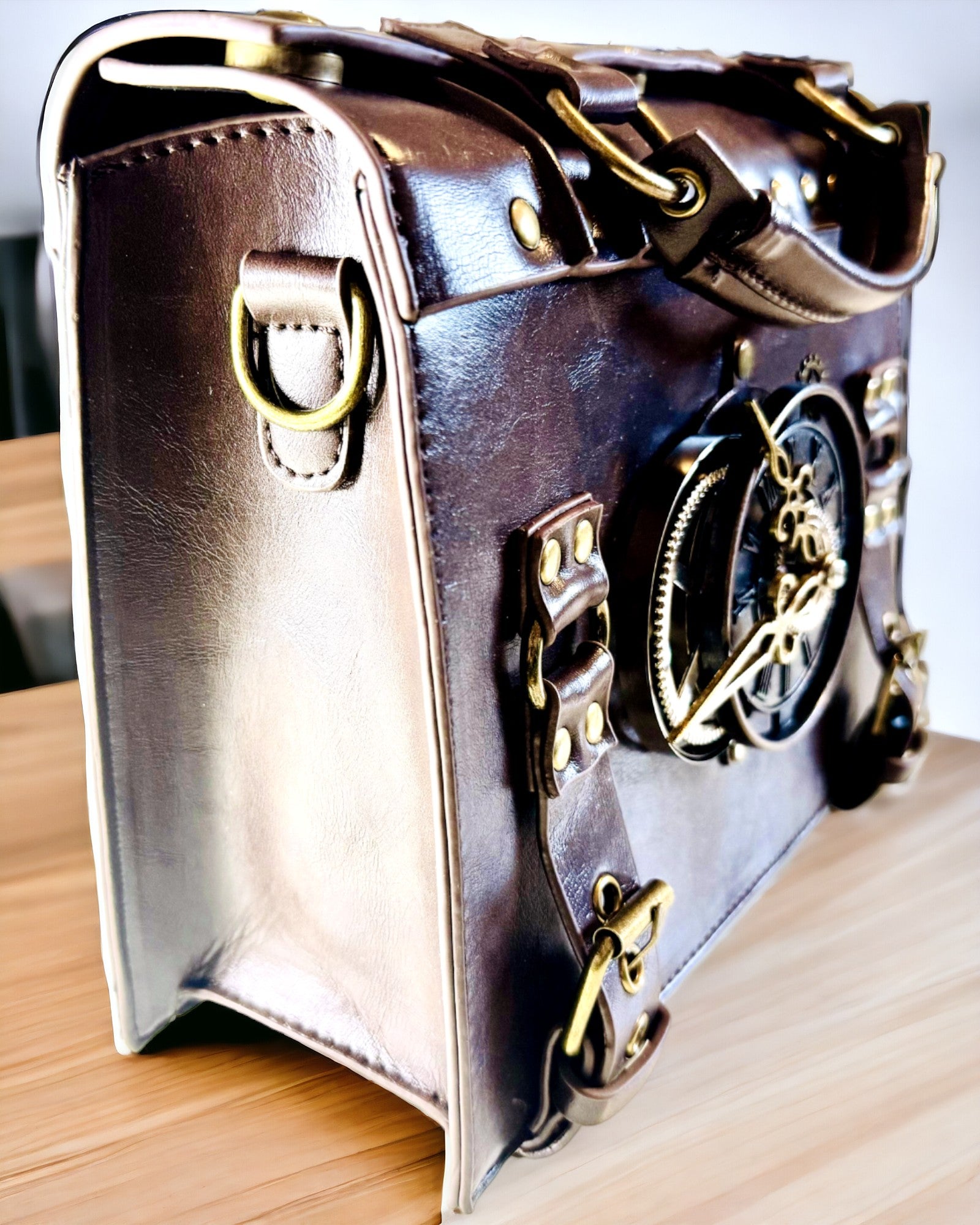 Crossbody Bag with Vintage Clock Motif - Versatile Satchel Handbag with PU Leather Texture