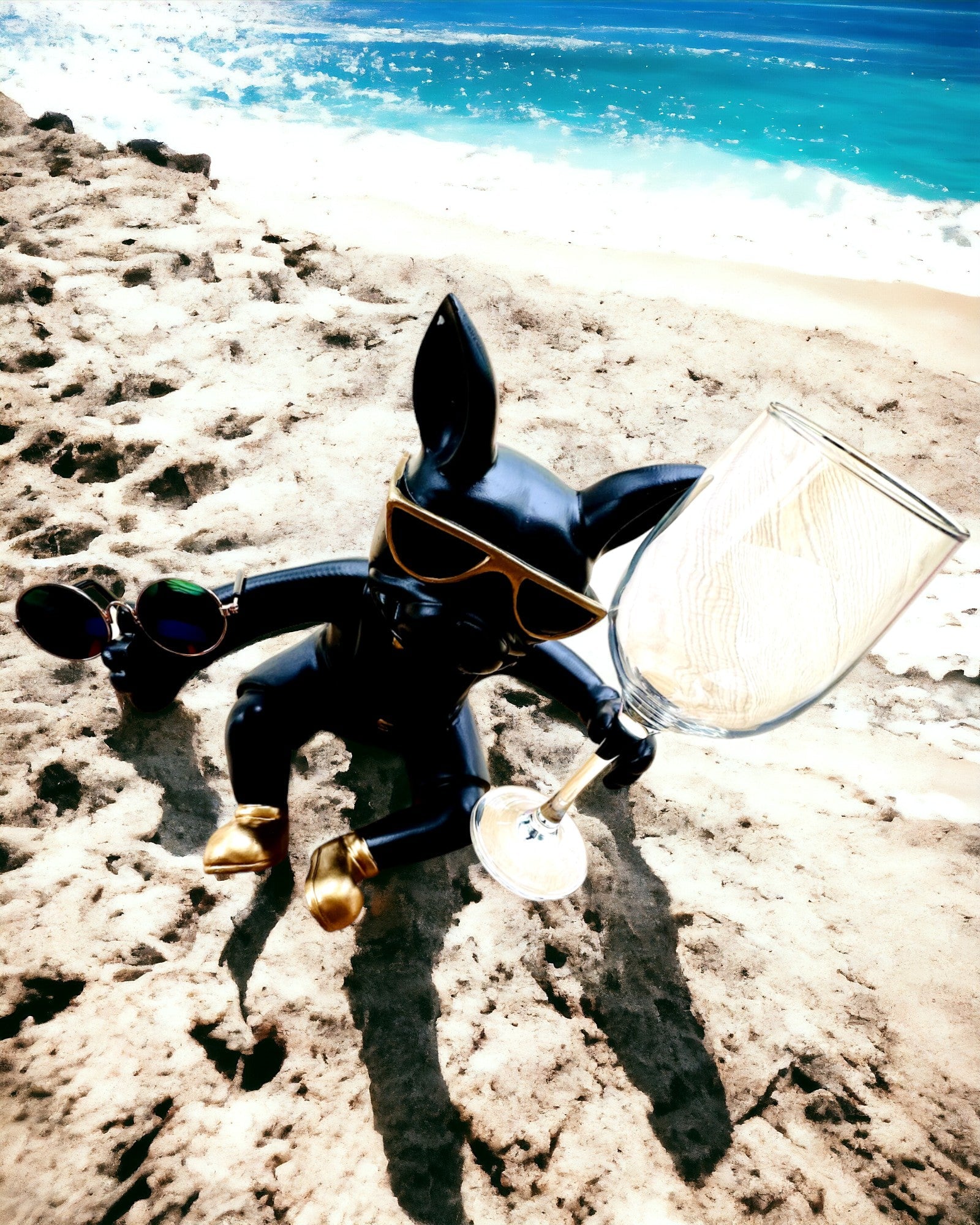 Figura esclusiva "Bulldog Elegante", colore nero, supporto per bicchiere di vino o champagne, personalizzazione con incisione