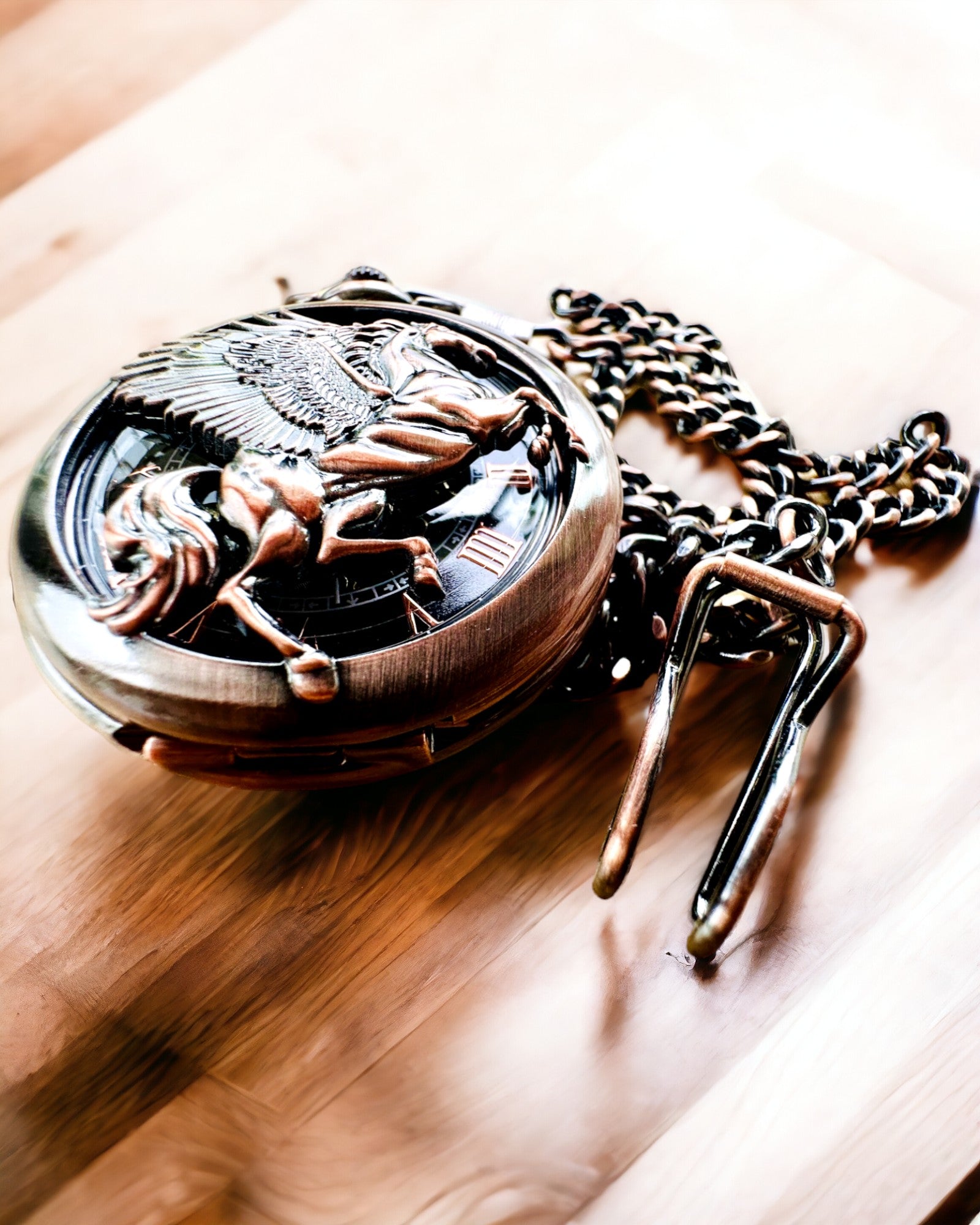 Montre de Poche "Equus Tempus" - Couleur : Marron, Or Rose avec Motif de Cheval, possibilité de personnalisation par gravure
