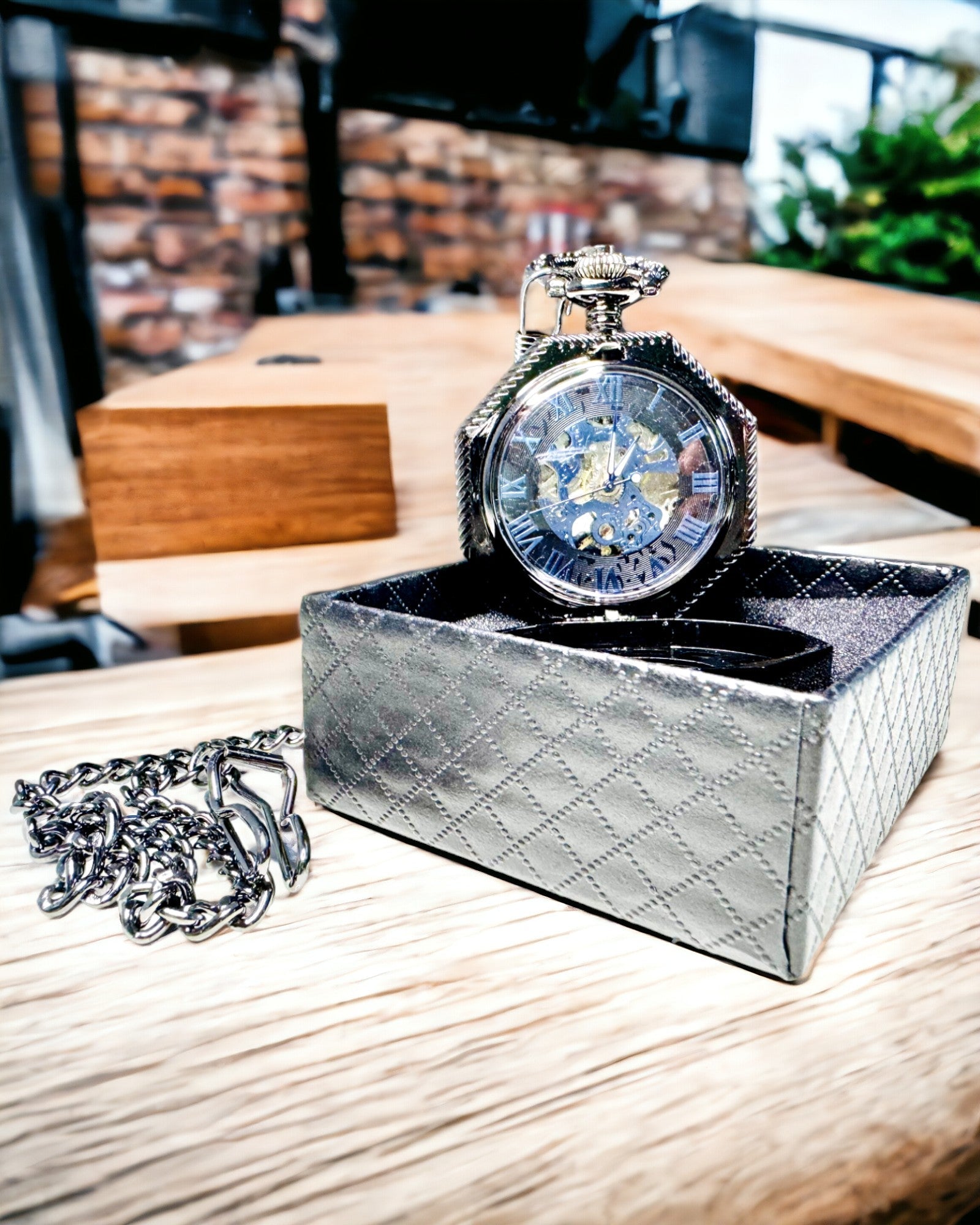 Montre de Poche Mécanique Octogonale Classique Steampunk en Noir, Gravure