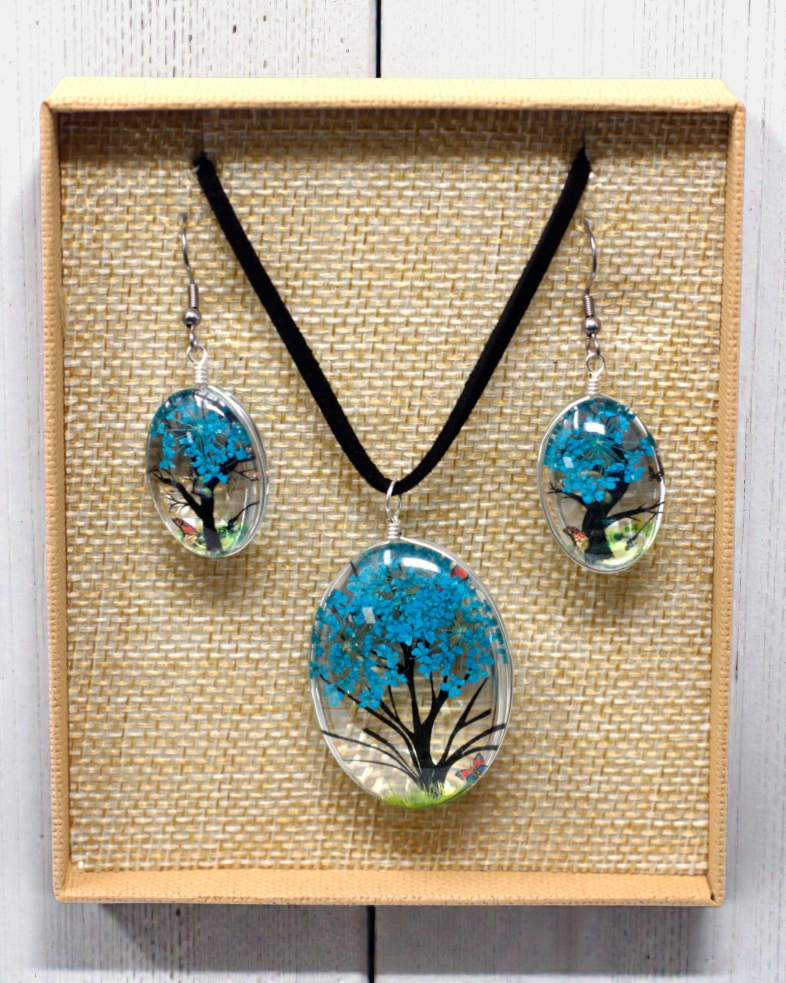 Brise marine – Ensemble de bijoux bleu-vert Arbre de Vie avec fleurs séchées