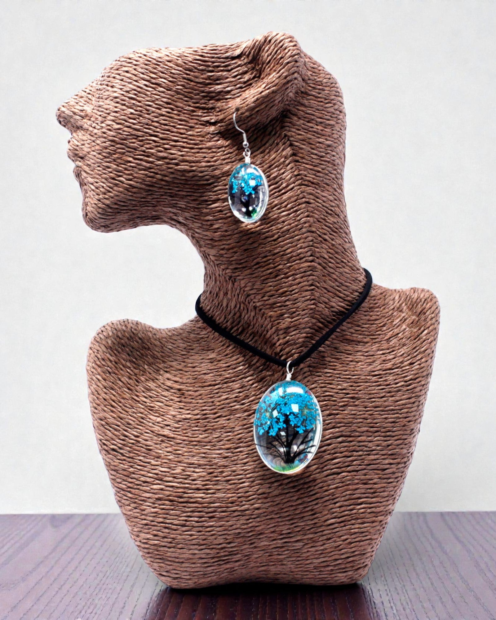Brise marine – Ensemble de bijoux bleu-vert Arbre de Vie avec fleurs séchées