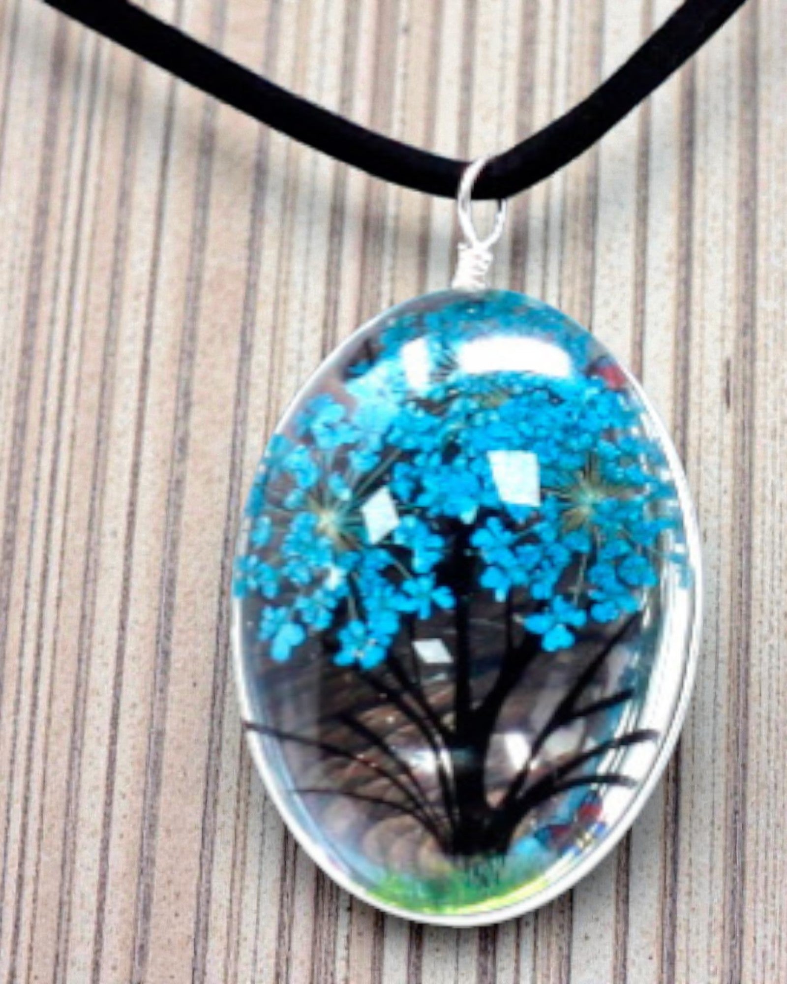 Brise marine – Ensemble de bijoux bleu-vert Arbre de Vie avec fleurs séchées