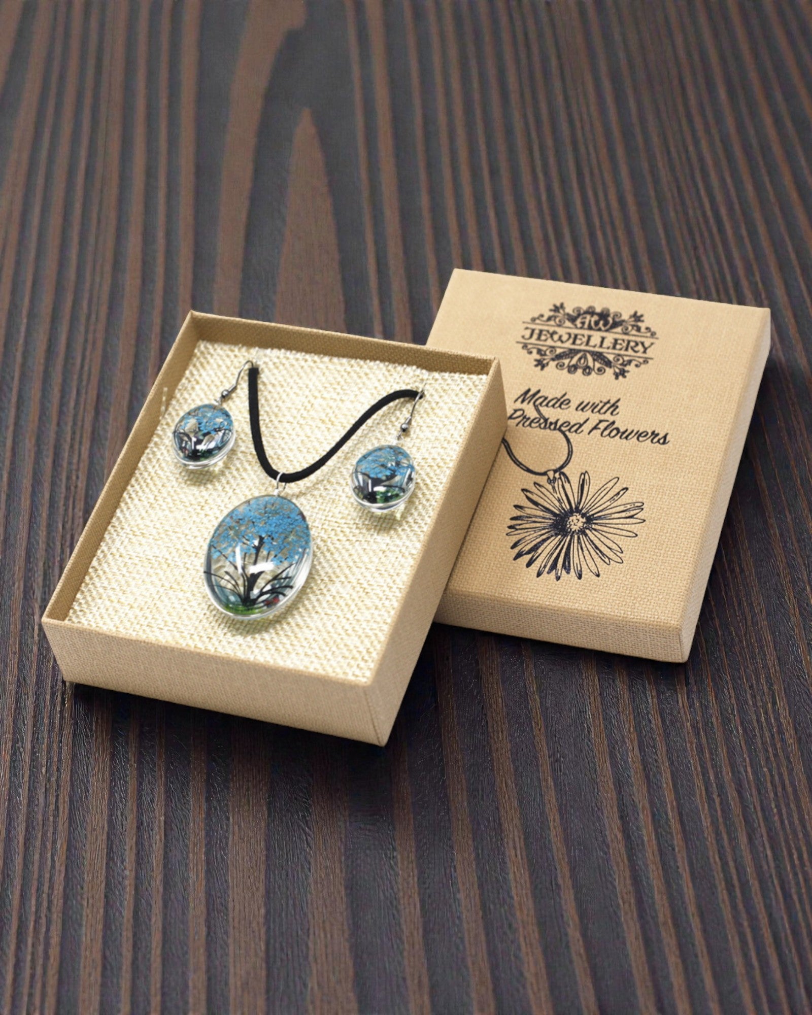 Brise marine – Ensemble de bijoux bleu-vert Arbre de Vie avec fleurs séchées