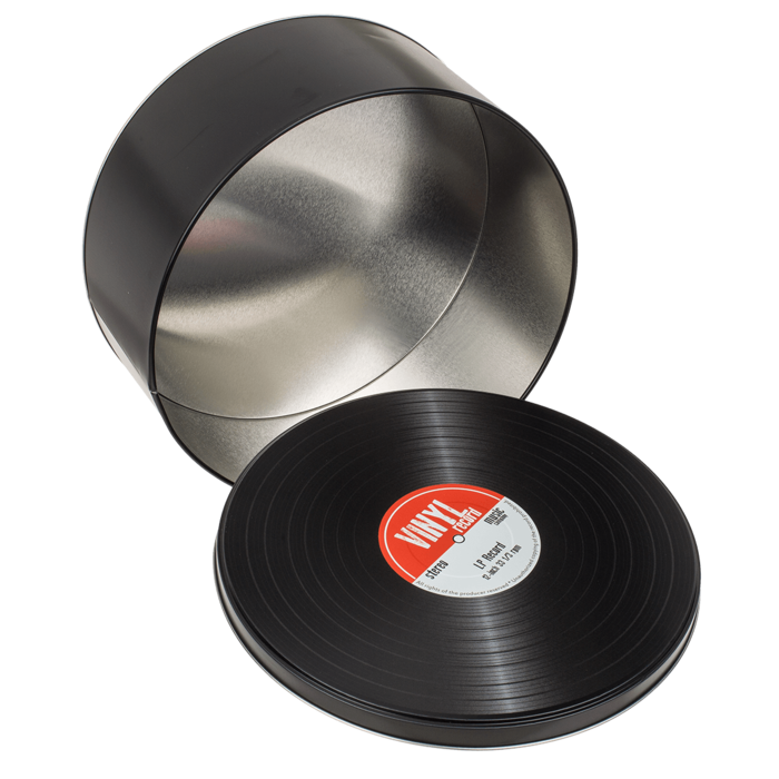 Boîtes en métal, stylisées comme des disques vinyles dans un esprit rétro, possibilité de personnalisation par gravure