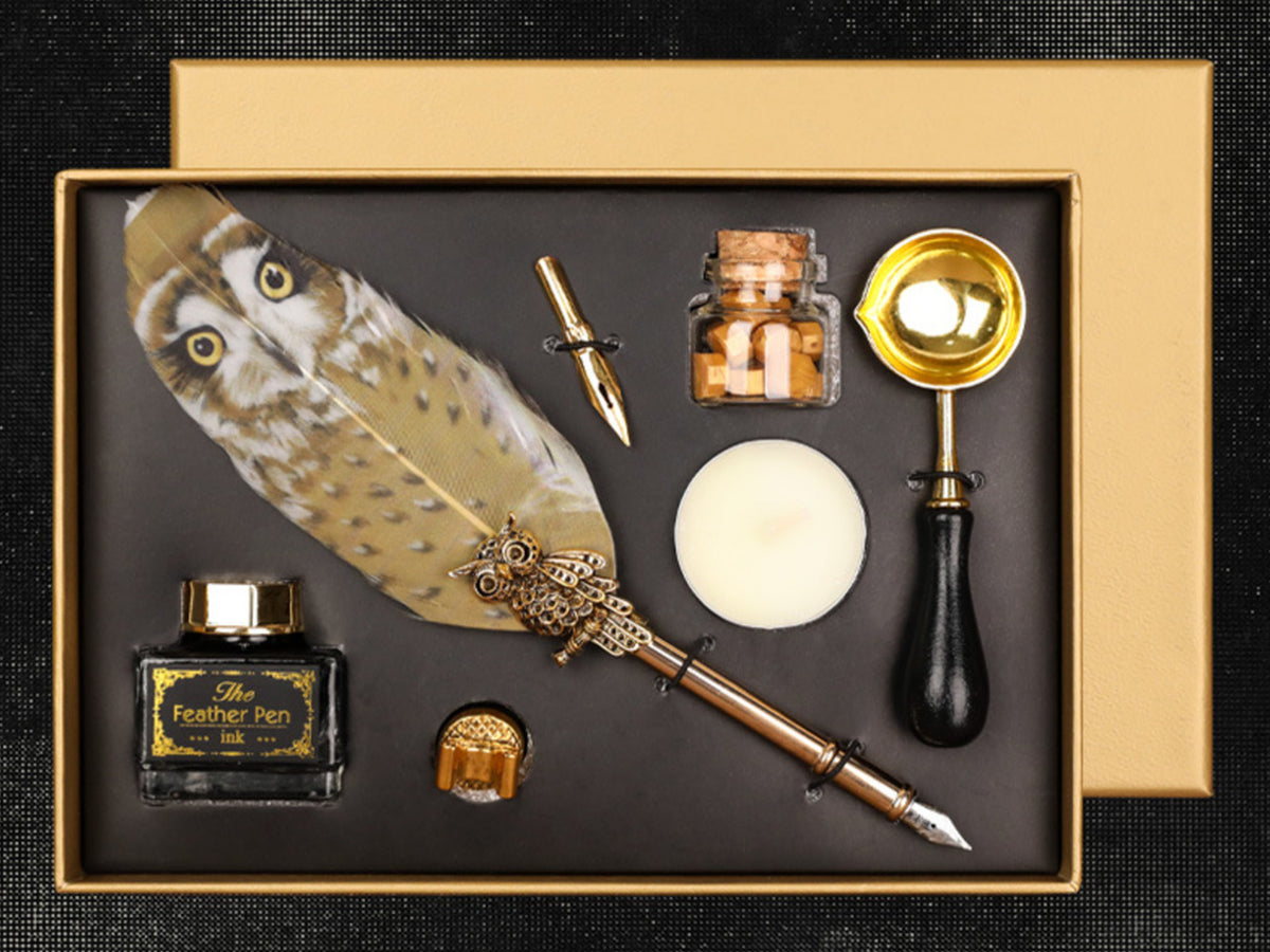 Set d'écriture - Stylo à plume avec plume, encre et nécessaire à cacheter personnalisable par gravure