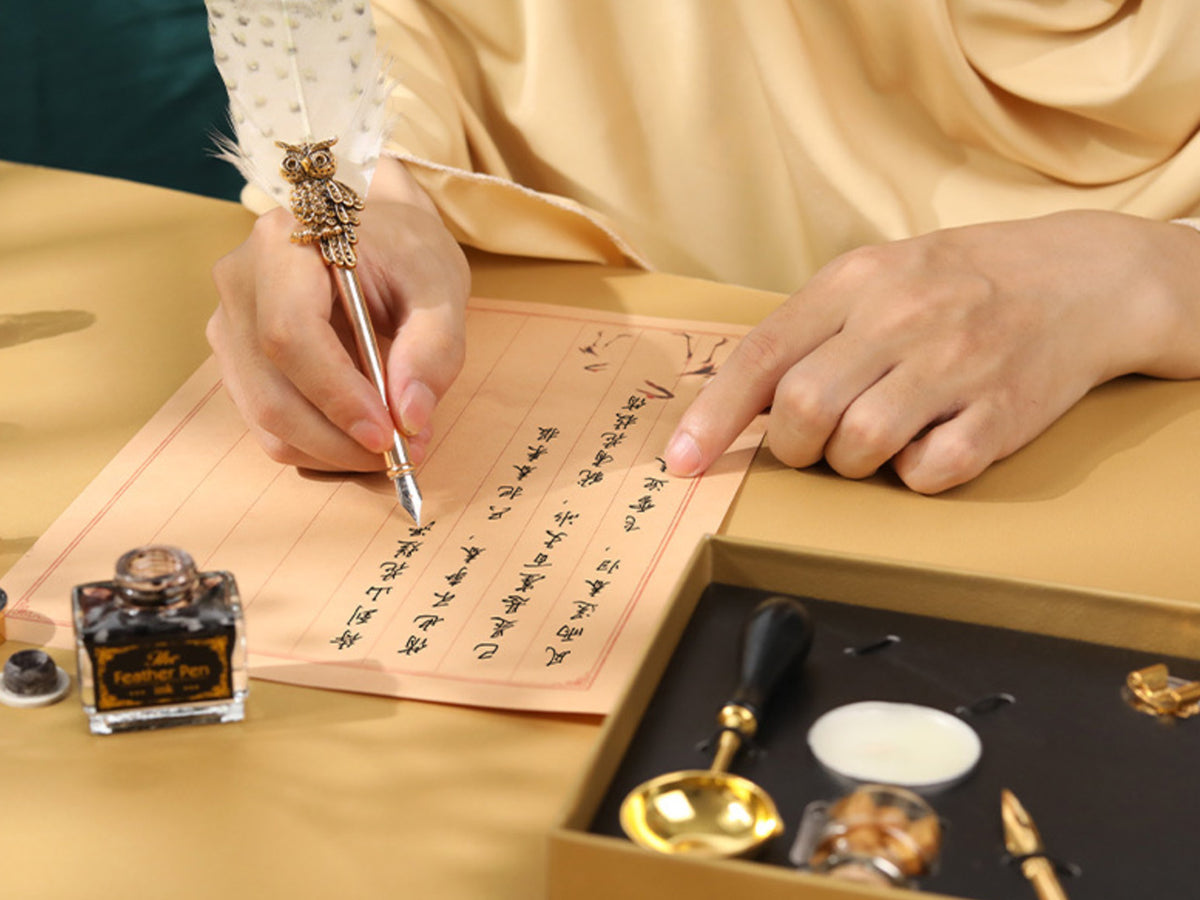 Set d'écriture - Stylo à plume avec plume, encre et nécessaire à cacheter personnalisable par gravure