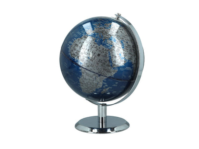 Piccolo globo decorativo nei colori blu e argento, personalizzabile con incisione, ideale come regalo, altezza 20 cm, elegante decorazione per il soggiorno con nomi geografici in inglese e cinese.