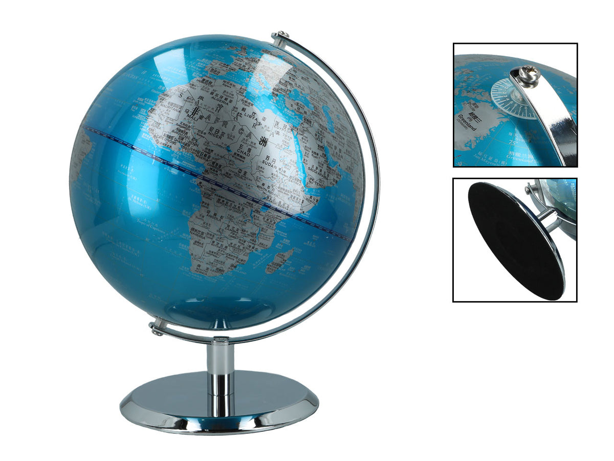 Grande globo decorativo blu e argento, personalizzabile con incisione, altezza 23 cm