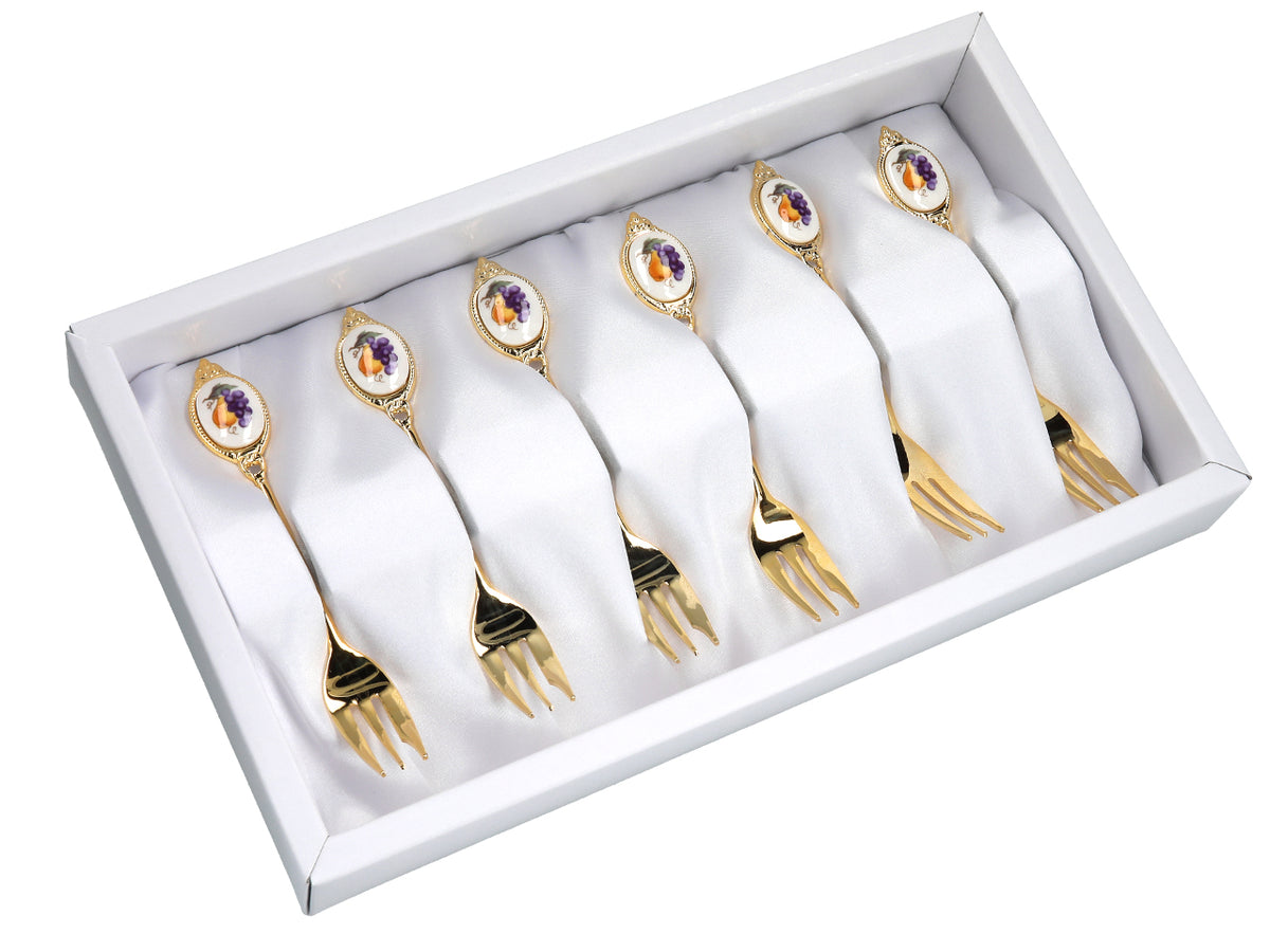 Set di 6 forchettine, forchettine rivestite in oro 24K, motivo a frutta