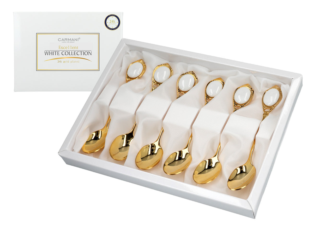 Ensemble de 6 cuillères à café plaquées or 24 carats Yeux blancs CARMANI personnalisable par gravure - cadeau élégant pour toutes les occasions, dimensions 13 cm