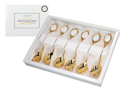 Ensemble de 6 cuillères à café plaquées or 24 carats Yeux blancs CARMANI personnalisable par gravure - cadeau élégant pour toutes les occasions, dimensions 13 cm