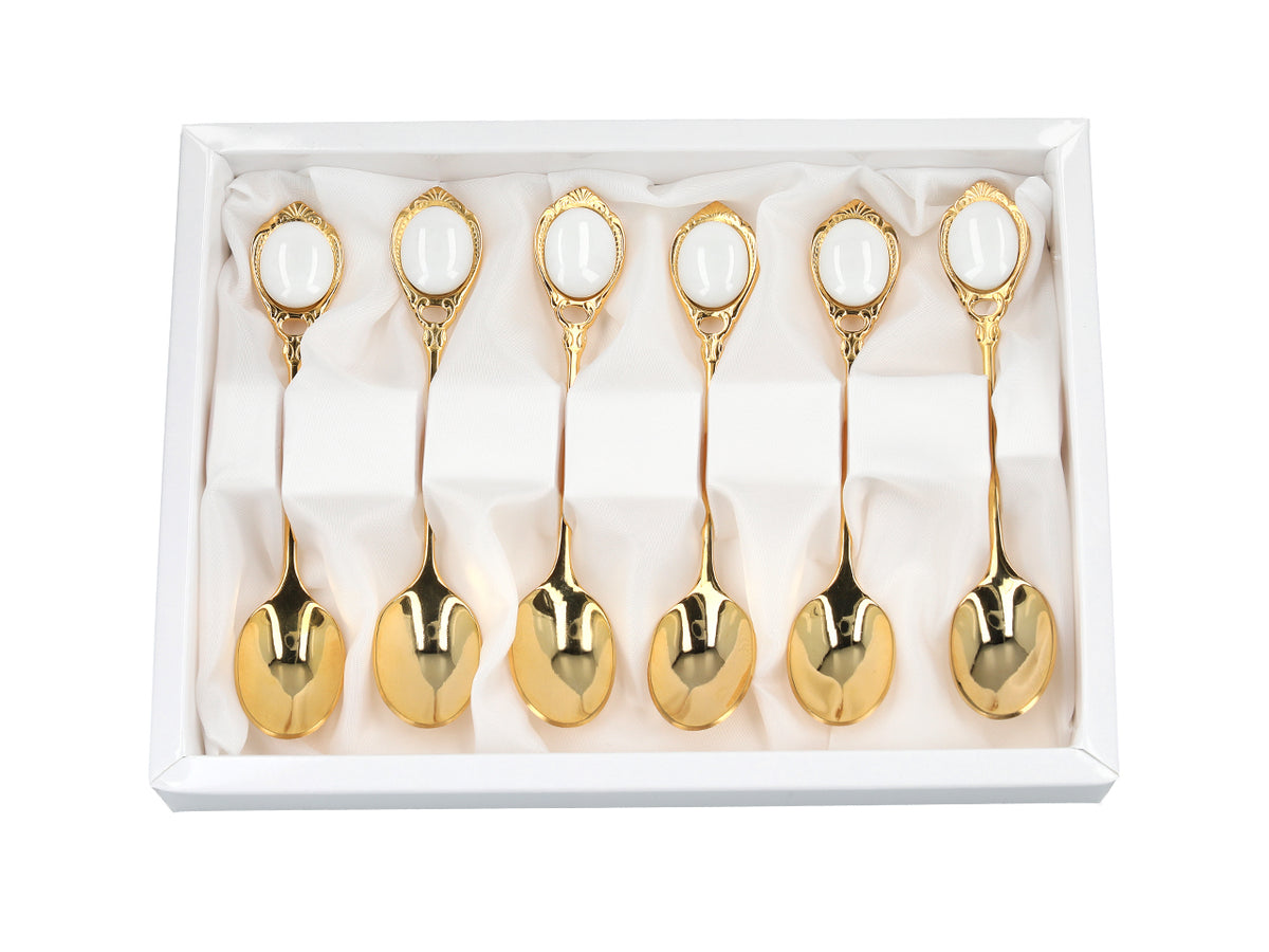 Ensemble de 6 cuillères à café plaquées or 24 carats Yeux blancs CARMANI personnalisable par gravure - cadeau élégant pour toutes les occasions, dimensions 13 cm