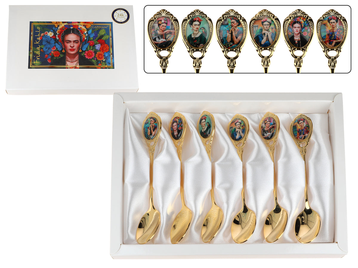 Set di 6 cucchiaini rivestiti in oro 24K F. Kahlo, personalizzabile con incisione - elegante posata da regalo, 13 cm, CARMANI