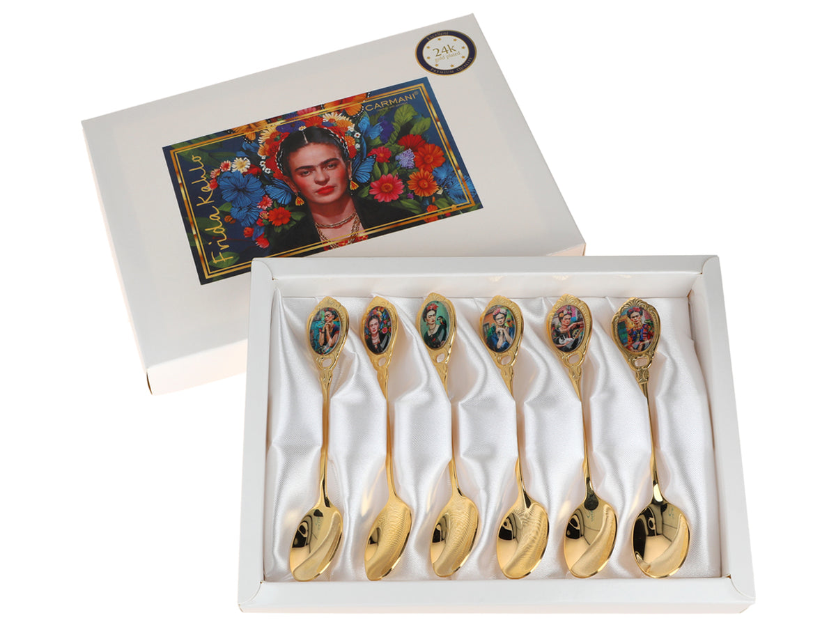 Set di 6 cucchiaini rivestiti in oro 24K F. Kahlo, personalizzabile con incisione - elegante posata da regalo, 13 cm, CARMANI