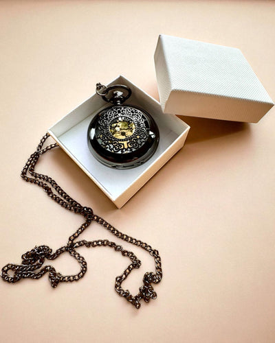 Black Pocket Watch "Midnight Elegance", personalization for gift with engraving
