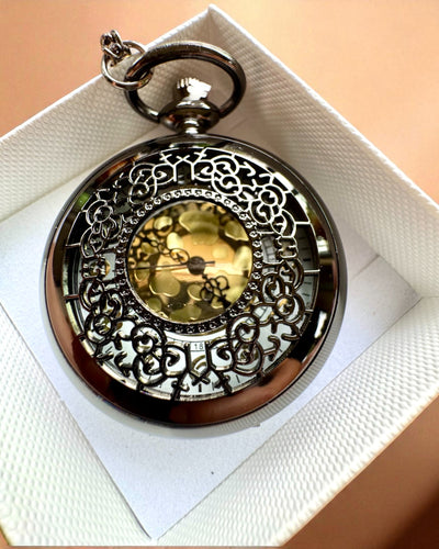 Black Pocket Watch "Midnight Elegance", personalization for gift with engraving