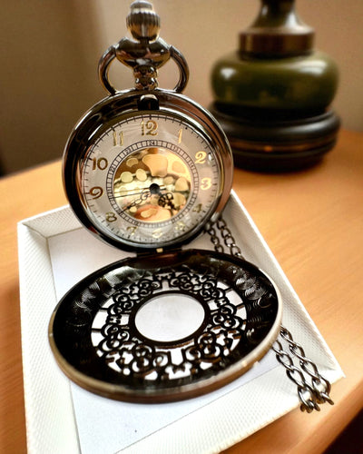 Black Pocket Watch "Midnight Elegance", personalization for gift with engraving