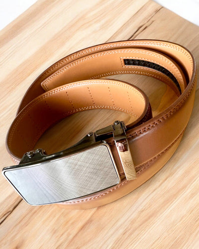Men's Brown Belt with Automatic Buckle, personalization with engraving available for gift