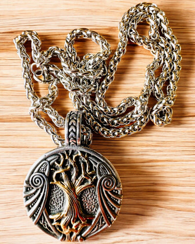 Stainless Steel "Tree of Life" Necklace with Personalization, featuring the Aegishjalmur Symbol (Helm of Awe)