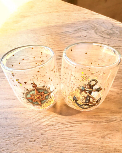 Verres "Nautical Dreams" à double paroi avec flocons d'or - ensemble de 2 pièces, capacité de 300 ml, possibilité de personnalisation par gravure