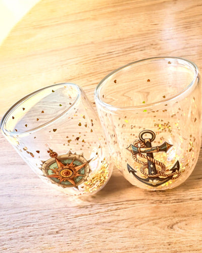 Verres "Nautical Dreams" à double paroi avec flocons d'or - ensemble de 2 pièces, capacité de 300 ml, possibilité de personnalisation par gravure