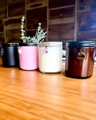 Candela di soia intenzionale Ametista – calma, armonia e purificazione, 250 ml, possibilità di personalizzazione per regalo