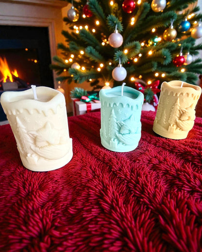 Sojakerze Winterfuchs, 7,5 cm Höhe, handgegossene Sojakerze mit einem niedlichen schlafenden Fuchs, personalisierbar mit Gravur auf dem Schild