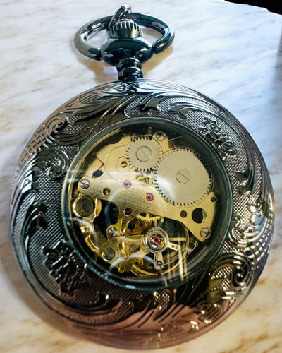 Pocket Watch "Equus Tempus" - Black with Horse Motif, customizable with engraving - black dial