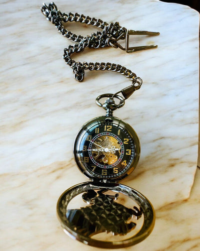 Pocket Watch "Equus Tempus" - Black with Horse Motif, customizable with engraving - black dial