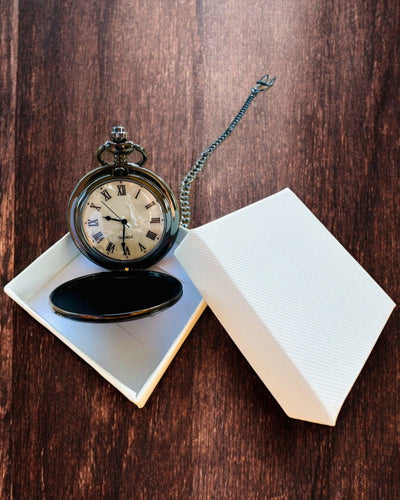 Classic Pocket Watch with Roman Numerals and Chain, Quartz, Black Shine - color black