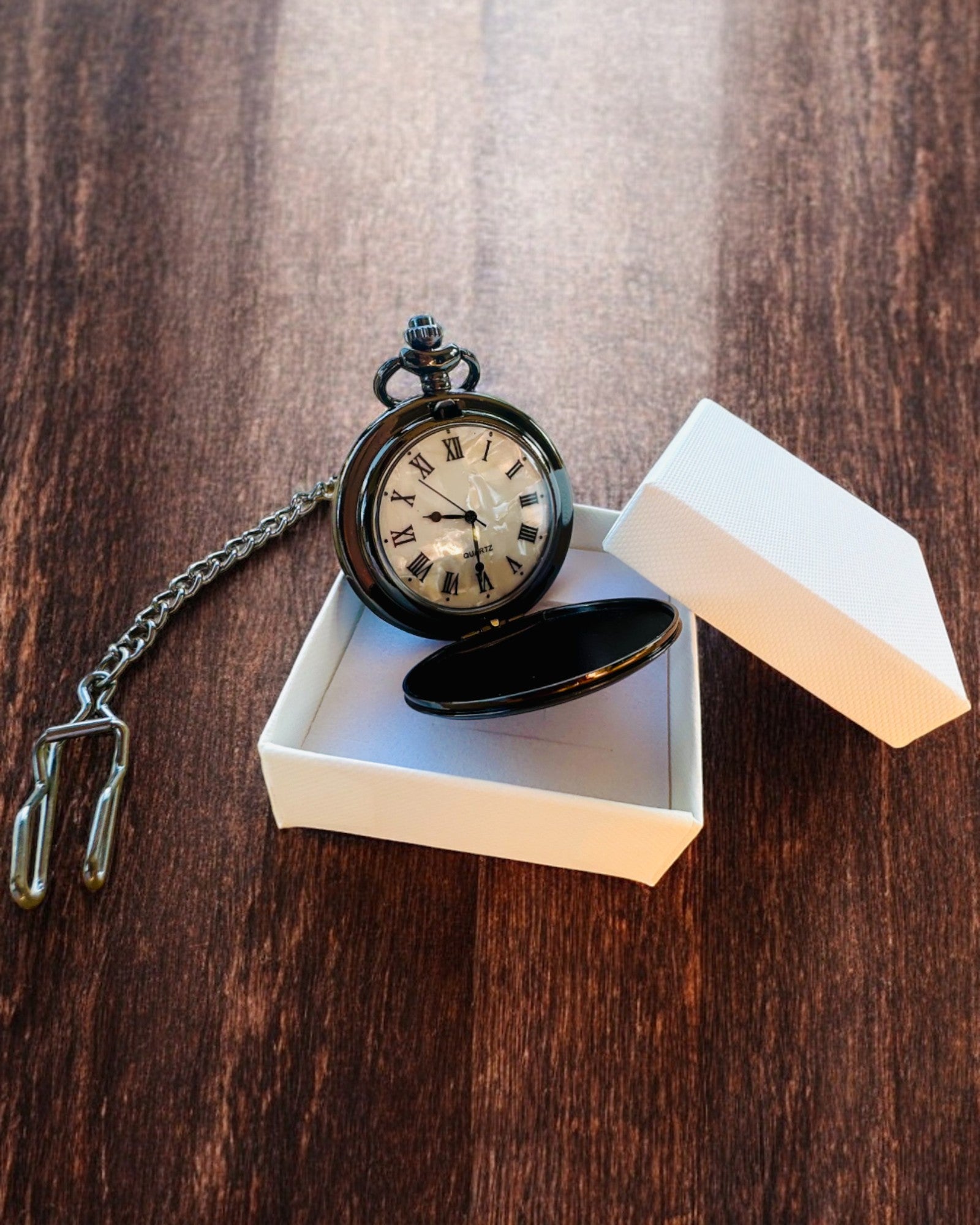 Classic Pocket Watch with Roman Numerals and Chain, Quartz, Black Shine - color black