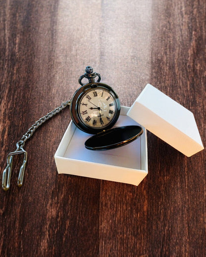 Classic Pocket Watch with Roman Numerals and Chain, Quartz, Black Shine - color black