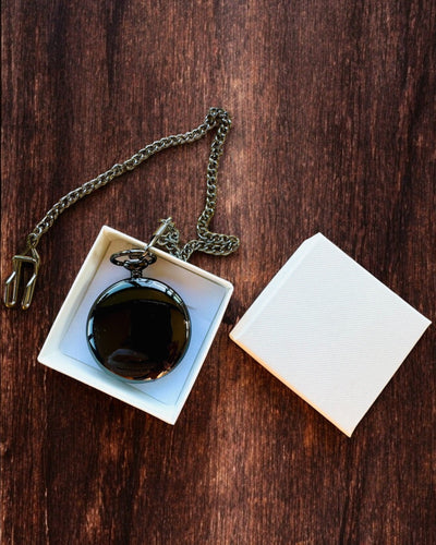 Classic Pocket Watch with Roman Numerals and Chain, Quartz, Black Shine - color black