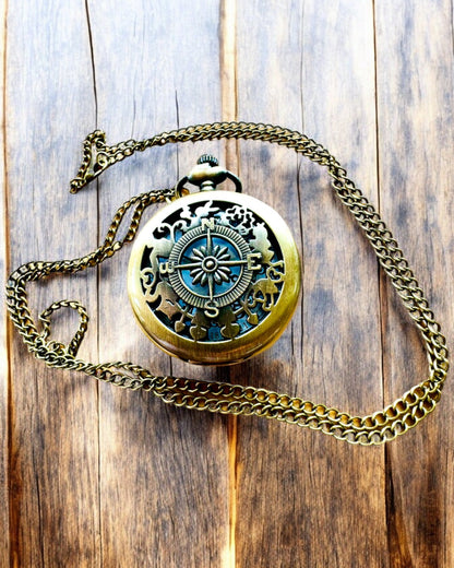 Orologio da Tasca Retrò con Motivo Bussola e Catena, al Quarzo, personalizzazione con incisione